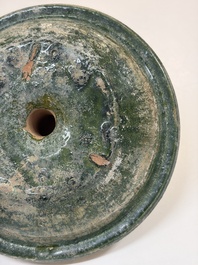 A Chinese green-glazed pottery 'Boshanlu' stemmed censer and cover, Han