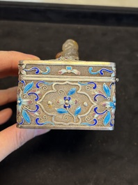 A Chinese enamelled silver rectangular casket adorned with an agate Millefo Buddha, 20th C.