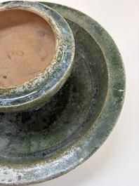 A Chinese green-glazed pottery 'Boshanlu' stemmed censer and cover, Han