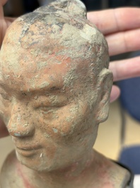 A Chinese cold-painted pottery stick man figure, Han