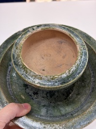 A Chinese green-glazed pottery 'Boshanlu' stemmed censer and cover, Han