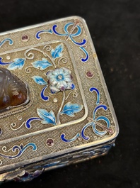 A Chinese enamelled silver rectangular casket adorned with an agate Millefo Buddha, 20th C.