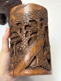 A group of 11 Chinese carved bamboo and wooden works, 19/20th C.