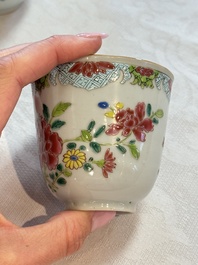 Eight sets of Chinese famille rose cups and saucers with floral design, Qianlong