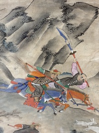 Chinese school: four 'Hunting Scene' paintings, ink and colour on paper, 19/20th C.