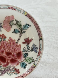 Four Chinese famille rose cups and saucers, Yongzheng/Qianlong