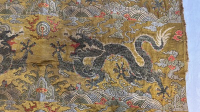 Two Chinese yellow-ground kesi silk 'Dragon' panels, late Ming