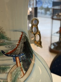 Three Chinese famille rose vases, signed Hu Yuanxin 胡源鑫, Luo Yisheng 羅義盛 and Wang Shengtai 汪生泰, 20th C.