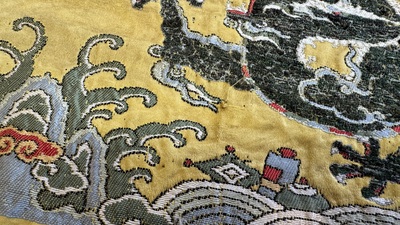Two Chinese yellow-ground kesi silk 'Dragon' panels, late Ming
