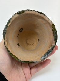 A Chinese green-glazed pottery 'Boshanlu' stemmed censer and cover, Han