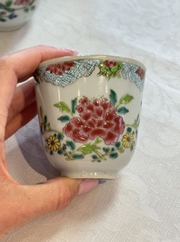 Eight sets of Chinese famille rose cups and saucers with floral design, Qianlong