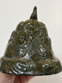 A Chinese green-glazed pottery 'Boshanlu' stemmed censer and cover, Han