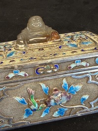 A Chinese enamelled silver rectangular casket adorned with an agate Millefo Buddha, 20th C.