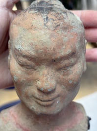 A Chinese cold-painted pottery stick man figure, Han