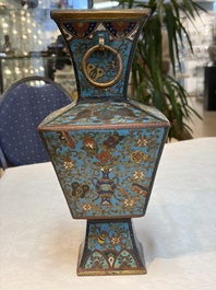 A Chinese cloisonn&eacute; square 'Buddhist Lions and Antiquities' vase, Fu 福 mark, 19th C.