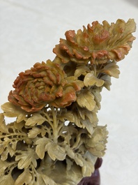 A fine Chinese carved soapstone 'Squirrels and Grapes' group and a 'Phoenixes among Peonies' group, 20th C.