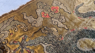 Two Chinese yellow-ground kesi silk 'Dragon' panels, late Ming