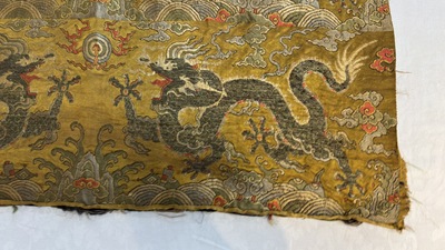 Two Chinese yellow-ground kesi silk 'Dragon' panels, late Ming