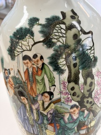 A Chinese famille rose 'Meng Mu San Qian 孟母三遷' and 'Antiquities' vase, signed Ye Yichun 葉宜春, dated 1923