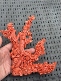 A Chinese carved red coral 'Goddess and Boy' group, 19/20th C.