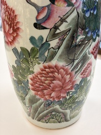 Three Chinese famille rose vases, signed Hu Yuanxin 胡源鑫, Luo Yisheng 羅義盛 and Wang Shengtai 汪生泰, 20th C.