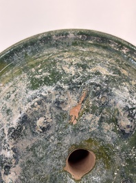 A Chinese green-glazed pottery 'Boshanlu' stemmed censer and cover, Han
