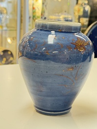 A rare pair of Japanese gilt-decorated blue-ground vases, Edo, late 17th C.