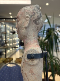 A Chinese cold-painted pottery stick man figure, Han