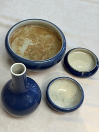 Four Chinese sacrificial blue-glazed wares, Qianlong mark, 18/19th C.