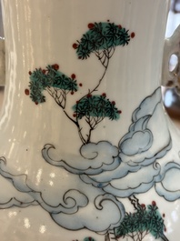 Three Chinese famille rose vases, signed Hu Yuanxin 胡源鑫, Luo Yisheng 羅義盛 and Wang Shengtai 汪生泰, 20th C.