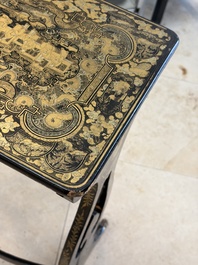 A set of three Chinese Canton gilt-lacquered nesting tables with narrative design, 19th C.
