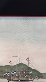 Kawahara Keiga 川原慶賀 (Japan, 1786-1860): 'Two Dutch Vessels Anchored off Nagasaki Bay', gouache on silk, seal mark, 19th C.