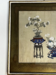 Chinese school: a set of three 'Floral Arrangements' paintings, ink and colour on silk, Republic