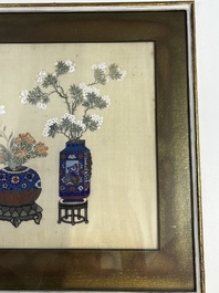 Chinese school: a set of three 'Floral Arrangements' paintings, ink and colour on silk, Republic