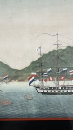 Kawahara Keiga 川原慶賀 (Japan, 1786-1860): 'Two Dutch Vessels Anchored off Nagasaki Bay', gouache on silk, seal mark, 19th C.