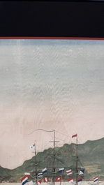 Kawahara Keiga 川原慶賀 (Japan, 1786-1860): 'Two Dutch Vessels Anchored off Nagasaki Bay', gouache on silk, seal mark, 19th C.