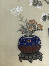 Chinese school: a set of three 'Floral Arrangements' paintings, ink and colour on silk, Republic