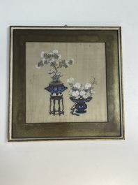 Chinese school: a set of three 'Floral Arrangements' paintings, ink and colour on silk, Republic
