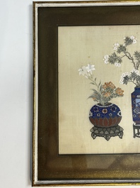 Chinese school: a set of three 'Floral Arrangements' paintings, ink and colour on silk, Republic