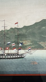 Kawahara Keiga 川原慶賀 (Japan, 1786-1860): 'Two Dutch Vessels Anchored off Nagasaki Bay', gouache on silk, seal mark, 19th C.