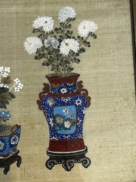 Chinese school: a set of three 'Floral Arrangements' paintings, ink and colour on silk, Republic