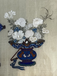 Chinese school: a set of three 'Floral Arrangements' paintings, ink and colour on silk, Republic