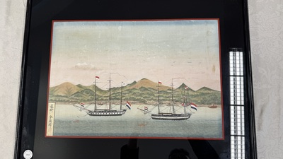 Kawahara Keiga 川原慶賀 (Japan, 1786-1860): 'Two Dutch Vessels Anchored off Deshima Harbour', gouache on silk, seal mark, 19th C.