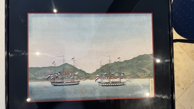 Kawahara Keiga 川原慶賀 (Japan, 1786-1860): 'Two Dutch Vessels Anchored off Nagasaki Bay', gouache on silk, seal mark, 19th C.