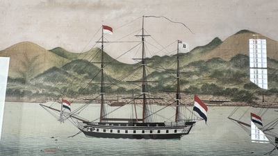 Kawahara Keiga 川原慶賀 (Japan, 1786-1860): 'Two Dutch Vessels Anchored off Deshima Harbour', gouache on silk, seal mark, 19th C.