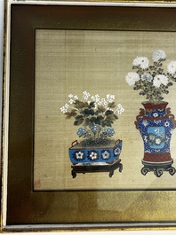 Chinese school: a set of three 'Floral Arrangements' paintings, ink and colour on silk, Republic