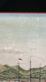 Kawahara Keiga 川原慶賀 (Japan, 1786-1860): 'Two Dutch Vessels Anchored off Deshima Harbour', gouache on silk, seal mark, 19th C.