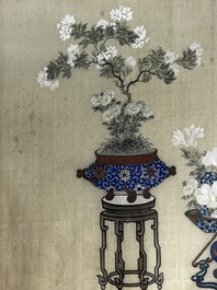 Chinese school: a set of three 'Floral Arrangements' paintings, ink and colour on silk, Republic