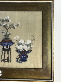 Chinese school: a set of three 'Floral Arrangements' paintings, ink and colour on silk, Republic
