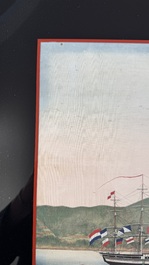 Kawahara Keiga 川原慶賀 (Japan, 1786-1860): 'Two Dutch Vessels Anchored off Nagasaki Bay', gouache on silk, seal mark, 19th C.
